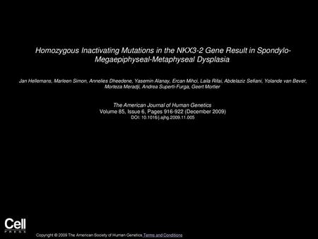 Homozygous Inactivating Mutations in the NKX3-2 Gene Result in Spondylo- Megaepiphyseal-Metaphyseal Dysplasia  Jan Hellemans, Marleen Simon, Annelies Dheedene,