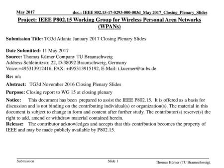 May 2017 Project: IEEE P802.15 Working Group for Wireless Personal Area Networks (WPANs) Submission Title: TG3d Atlanta January 2017 Closing Plenary Slides.