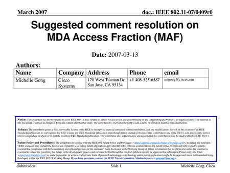 Suggested comment resolution on MDA Access Fraction (MAF)