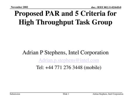 Proposed PAR and 5 Criteria for High Throughput Task Group