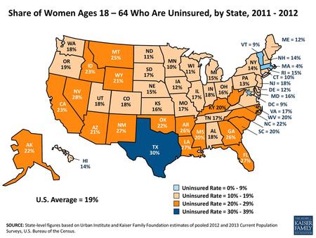 Share of Women Ages 18 – 64 Who Are Uninsured, by State,