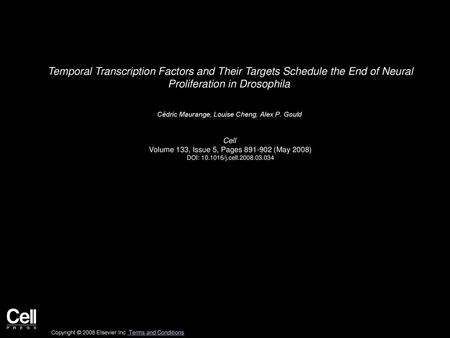 Temporal Transcription Factors and Their Targets Schedule the End of Neural Proliferation in Drosophila  Cédric Maurange, Louise Cheng, Alex P. Gould 