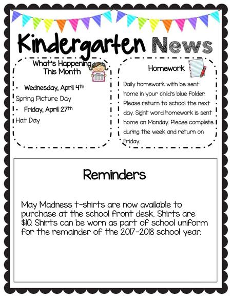 Kindergarten News Reminders