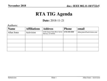 RTA TIG Agenda Date: Authors: November 2018