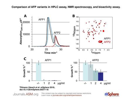 Comparison of AFP variants in HPLC assay, NMR spectroscopy, and bioactivity assay. Comparison of AFP variants in HPLC assay, NMR spectroscopy, and bioactivity.