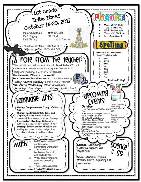 1st Grade Tribe Times October 16-20, 2017