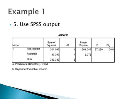 Example 1 5. Use SPSS output ANOVAb Model Sum of Squares df
