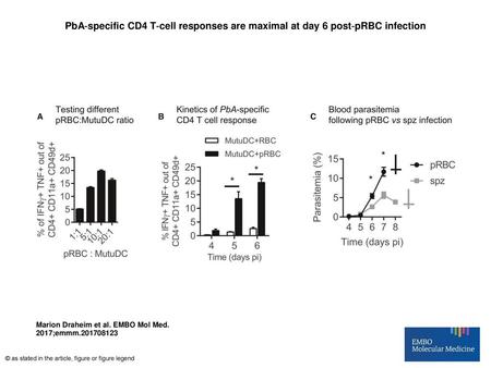 PbA‐specific CD4 T‐cell responses are maximal at day 6 post‐pRBC infection PbA‐specific CD4 T‐cell responses are maximal at day 6 post‐pRBC infection Proportion.