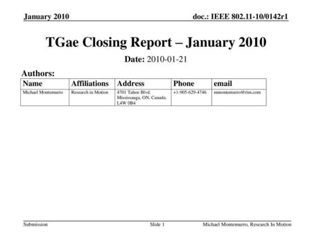 TGae Closing Report – January 2010