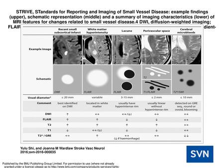 STRIVE, STandards for Reporting and Imaging of Small Vessel Disease: example findings (upper), schematic representation (middle) and a summary of imaging.