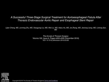 A Successful Three-Stage Surgical Treatment for Aortoesophageal Fistula After Thoracic Endovascular Aortic Repair and Esophageal Stent Repair  Lijian.