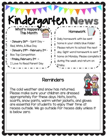 Kindergarten News Reminders What’s Happening This Month Homework