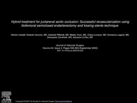 Hybrid treatment for juxtarenal aortic occlusion: Successful revascularization using iliofemoral semiclosed endarterectomy and kissing-stents technique 