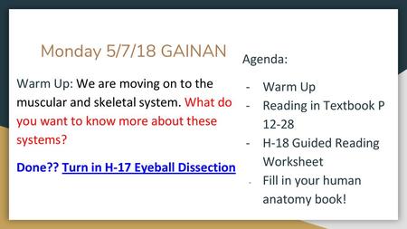 Monday 5/7/18 GAINAN Agenda: Warm Up