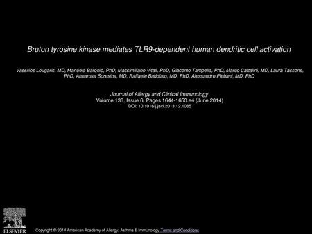 Bruton tyrosine kinase mediates TLR9-dependent human dendritic cell activation  Vassilios Lougaris, MD, Manuela Baronio, PhD, Massimiliano Vitali, PhD,