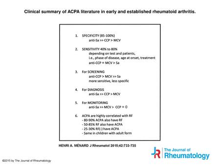 Clinical summary of ACPA literature in early and established rheumatoid arthritis. Clinical summary of ACPA literature in early and established rheumatoid.