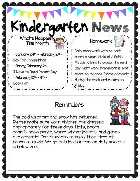 Kindergarten News Reminders What’s Happening This Month Homework