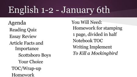 English January 6th Agenda You Will Need: Homework for stamping