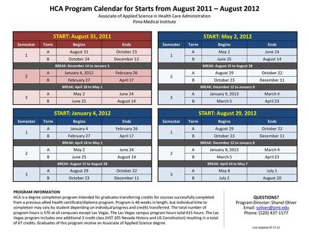 HCA Program Calendar for Starts from August 2011 – August 2012