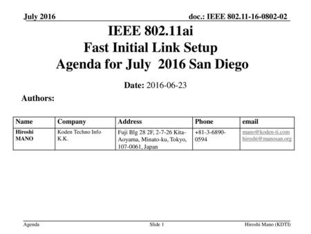 IEEE ai Fast Initial Link Setup Agenda for July 2016 San Diego