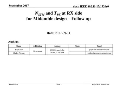 NSYM and TPE at RX side for Midamble design – Follow up