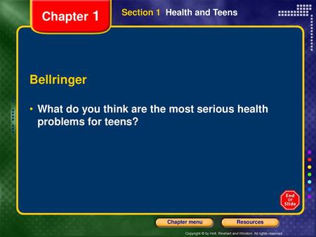 Chapter 1 Section 1  Health and Teens Bellringer