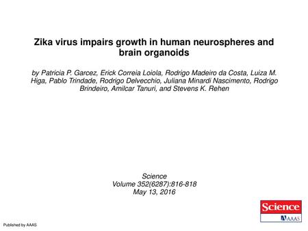 Zika virus impairs growth in human neurospheres and brain organoids