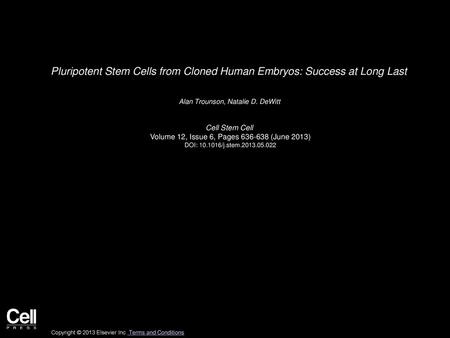 Pluripotent Stem Cells from Cloned Human Embryos: Success at Long Last