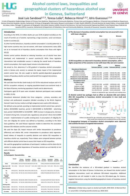 Alcohol control laws, inequalities and geographical clusters of hazardous alcohol use in Geneva, Switzerland José Luis Sandoval1,2,3, Teresa Leão4, Rebecca.