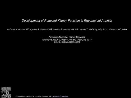 Development of Reduced Kidney Function in Rheumatoid Arthritis