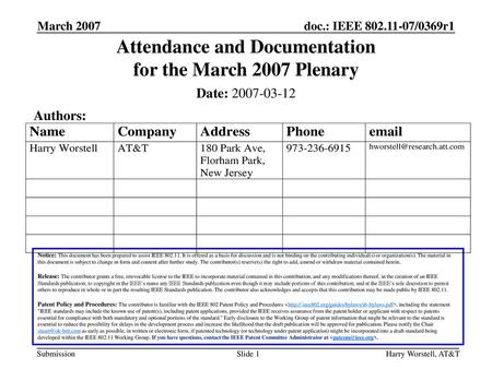 Attendance and Documentation for the March 2007 Plenary