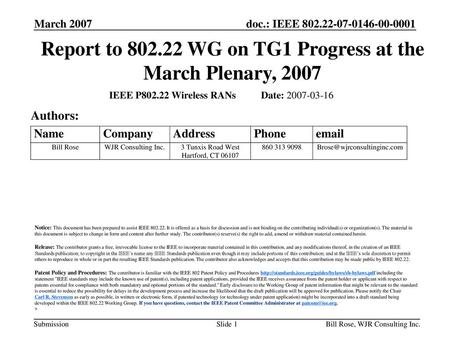 Report to WG on TG1 Progress at the March Plenary, 2007