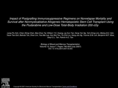 Impact of Postgrafting Immunosuppressive Regimens on Nonrelapse Mortality and Survival after Nonmyeloablative Allogeneic Hematopoietic Stem Cell Transplant.