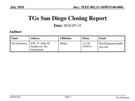 TGs San Diego Closing Report