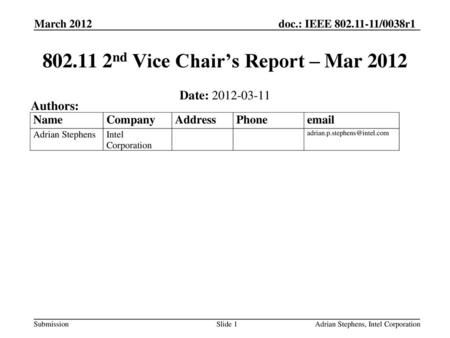 nd Vice Chair’s Report – Mar 2012