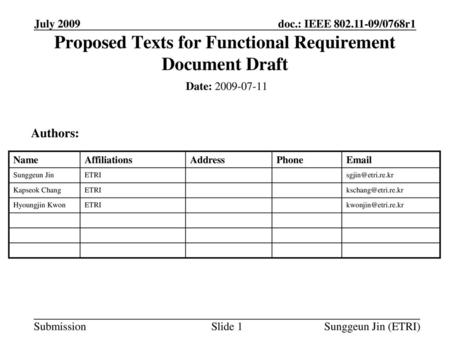 Proposed Texts for Functional Requirement Document Draft