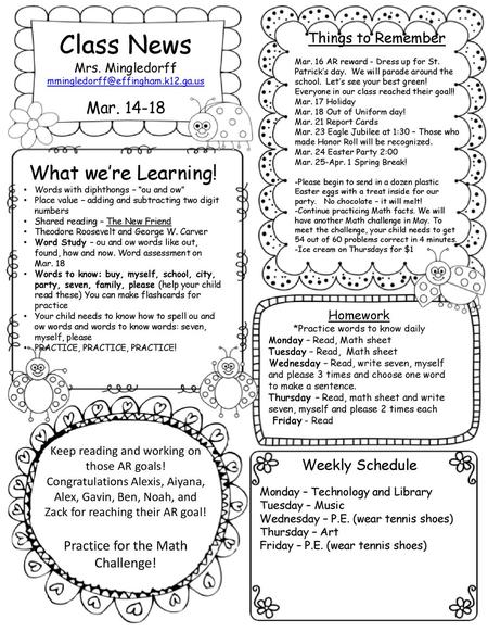Class News What we’re Learning! Mar Things to Remember