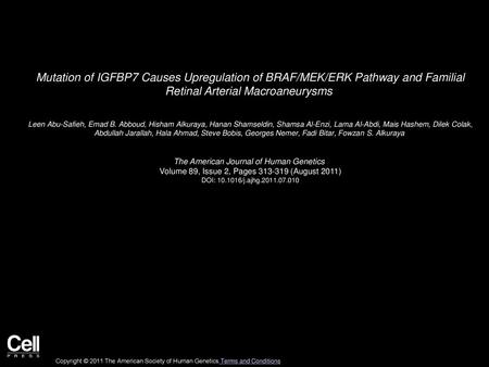Mutation of IGFBP7 Causes Upregulation of BRAF/MEK/ERK Pathway and Familial Retinal Arterial Macroaneurysms  Leen Abu-Safieh, Emad B. Abboud, Hisham Alkuraya,