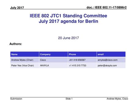 IEEE 802 JTC1 Standing Committee July 2017 agenda for Berlin