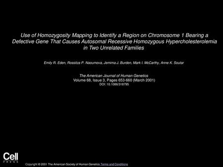 Use of Homozygosity Mapping to Identify a Region on Chromosome 1 Bearing a Defective Gene That Causes Autosomal Recessive Homozygous Hypercholesterolemia.