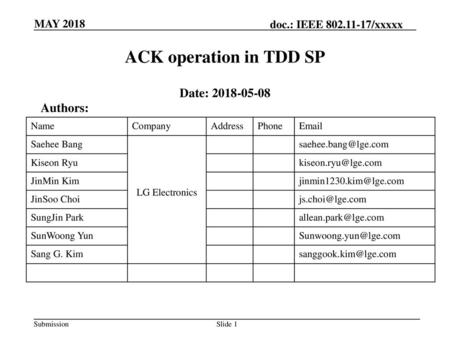 ACK operation in TDD SP Date: Authors: MAY 2018 Name