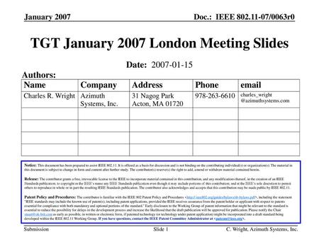 TGT January 2007 London Meeting Slides