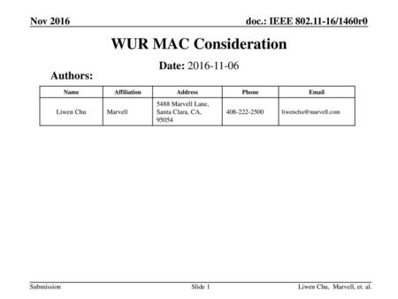 WUR MAC Consideration Date: Authors: Nov 2016 Liwen Chu