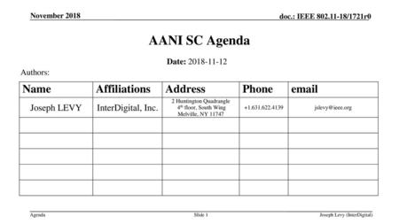 AANI SC Agenda Date: Authors: November 2018