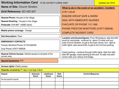 Working Information Card to be carried in safety sack