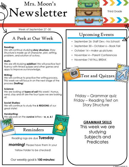Newsletter Mrs. Moon’s Upcoming Events A Peek at Our Week