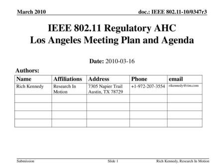 IEEE Regulatory AHC Los Angeles Meeting Plan and Agenda