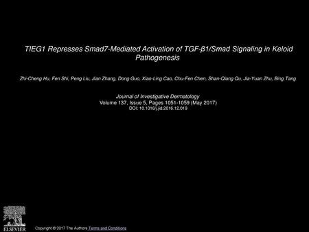 TIEG1 Represses Smad7-Mediated Activation of TGF-β1/Smad Signaling in Keloid Pathogenesis  Zhi-Cheng Hu, Fen Shi, Peng Liu, Jian Zhang, Dong Guo, Xiao-Ling.