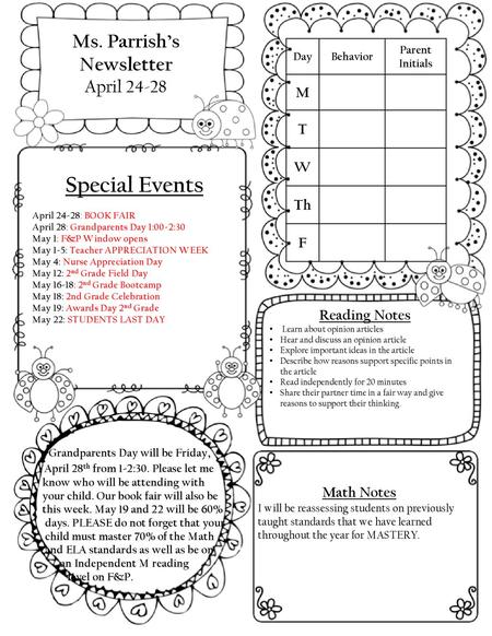 Special Events Ms. Parrish’s Newsletter April M T W Th F