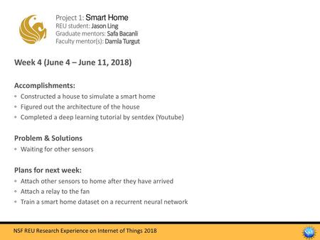 Project 1: Smart Home REU student: Jason Ling Graduate mentors: Safa Bacanli Faculty mentor(s): Damla Turgut Week 4 (June 4 – June 11, 2018) Accomplishments: